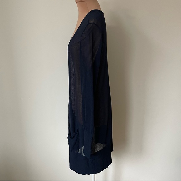 EILEEN FISHER Viscose Crepe Sheer Tunic Button Up V-Neck Blue Cardigan EUC Sz M - Picture 2 of 10